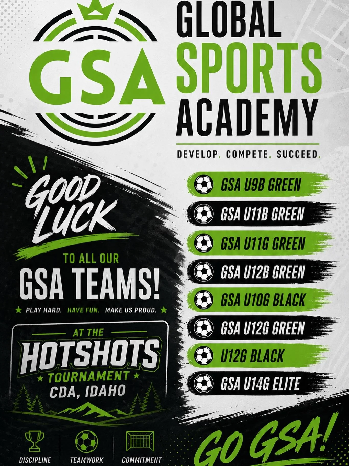 GSA on the road, competing in the Hotshots Tournament, CDA, Idaho. Good luck to everyone!