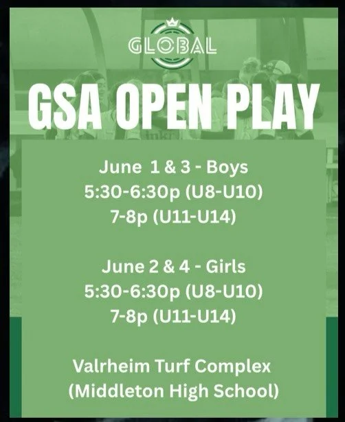 GSA Open Play June 1-4 at Valrheim Turf Complex (Middleton HS). Join us for a good time, meet future teammates and staff, and enjoy a night of play. See you there!
