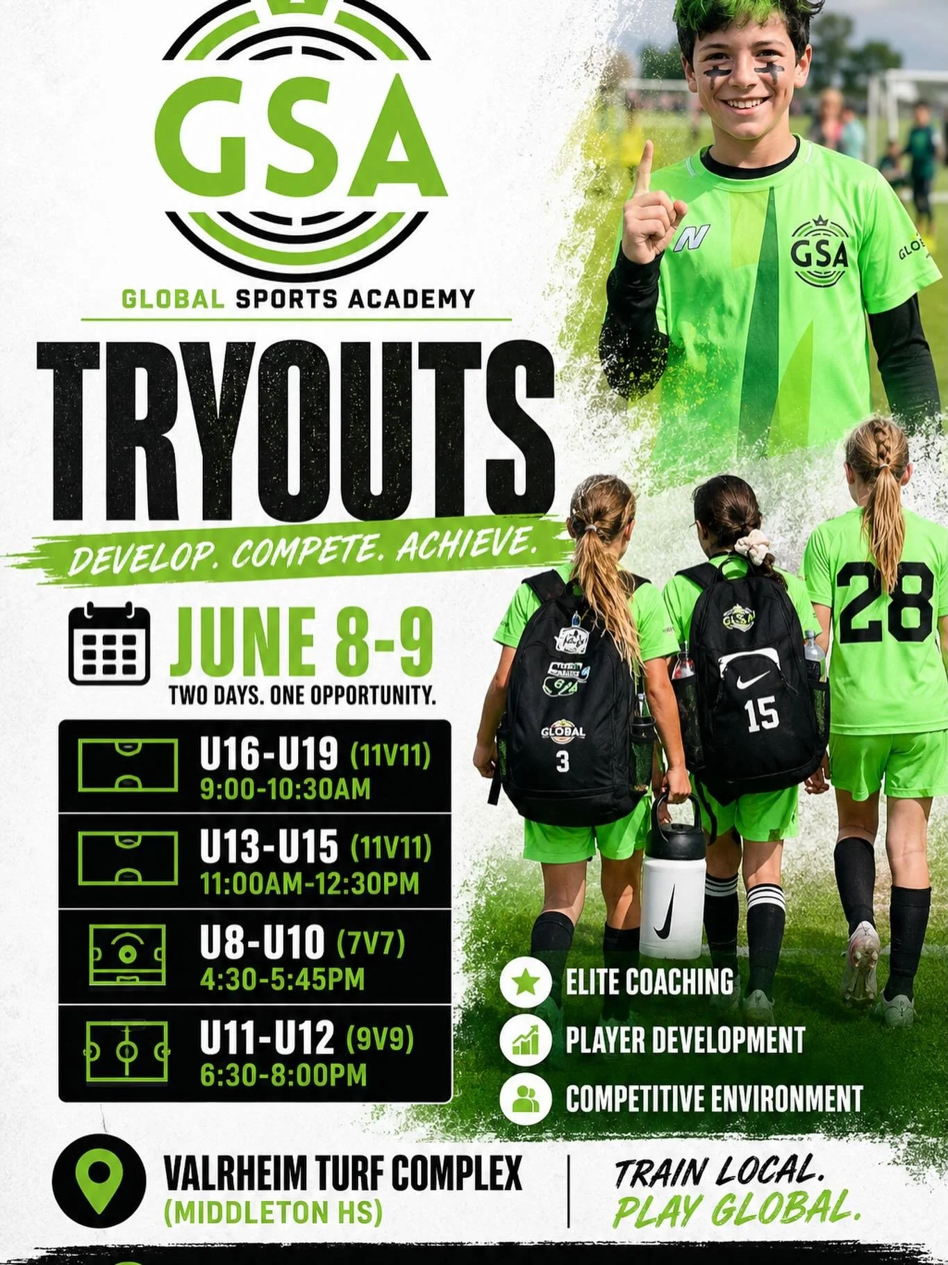 Why GSA? 1. Coaching (4 USSF A/4 USSF B/2 USC PREMIER/3 USSF C/3 NATIONAL YOUTH/ 5 GRASSROOTS licensed coaches, 6 current/former college coaches, 8 former D1/D2/NAIA/JC college players) 2. Belonging; we believe it&rsquo;s a we thing! Coaches, Players