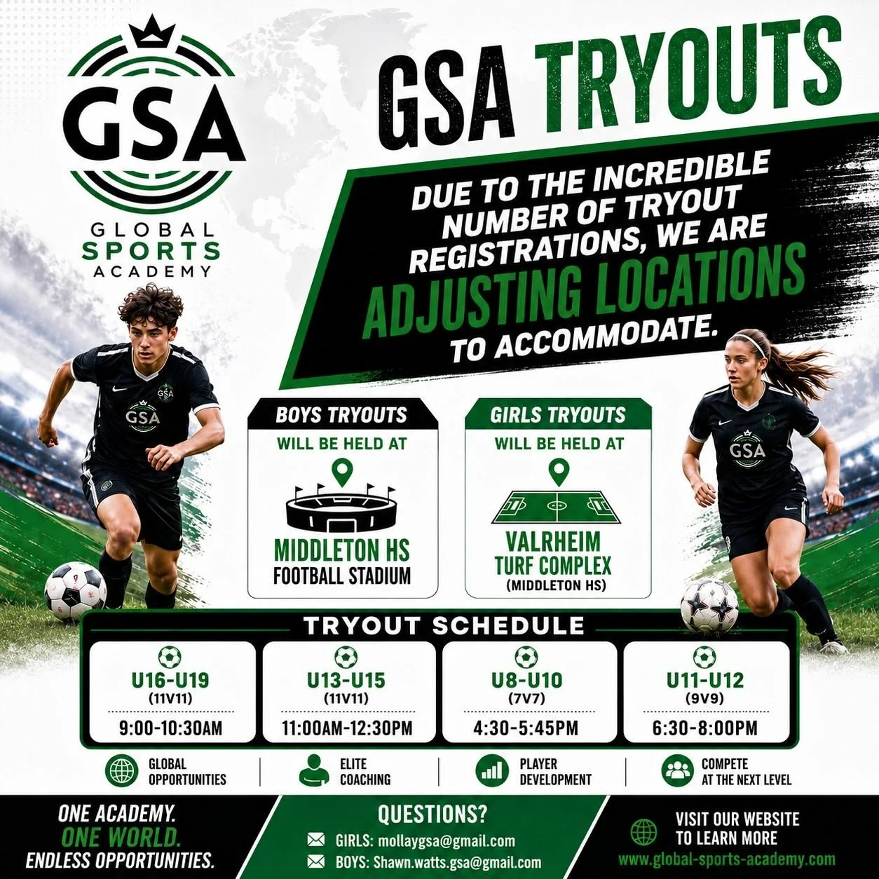 Due to huge registration numbers we are modifying tryout locations to accommodate. Boys are same times - Middleton HS Football Stadium. Girls are same times - Valrheim Turf Complex (Middleton HS). We are closing in on 500 player registrations! Thank 