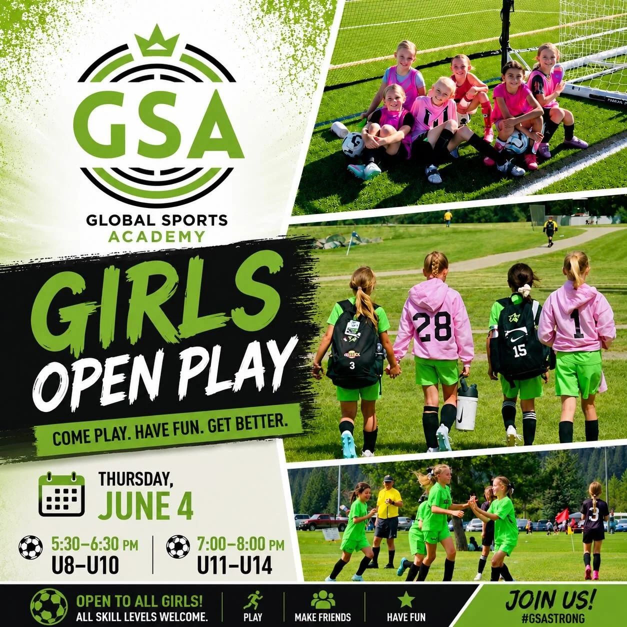 GSA OPEN PLAY - GIRLS! Valrheim Turf Complex (Middleton HS). U8-U10 (5:30-6:30p), U11-U14 (7-8p). Who runs the world? Who runs the world? GIRLS!