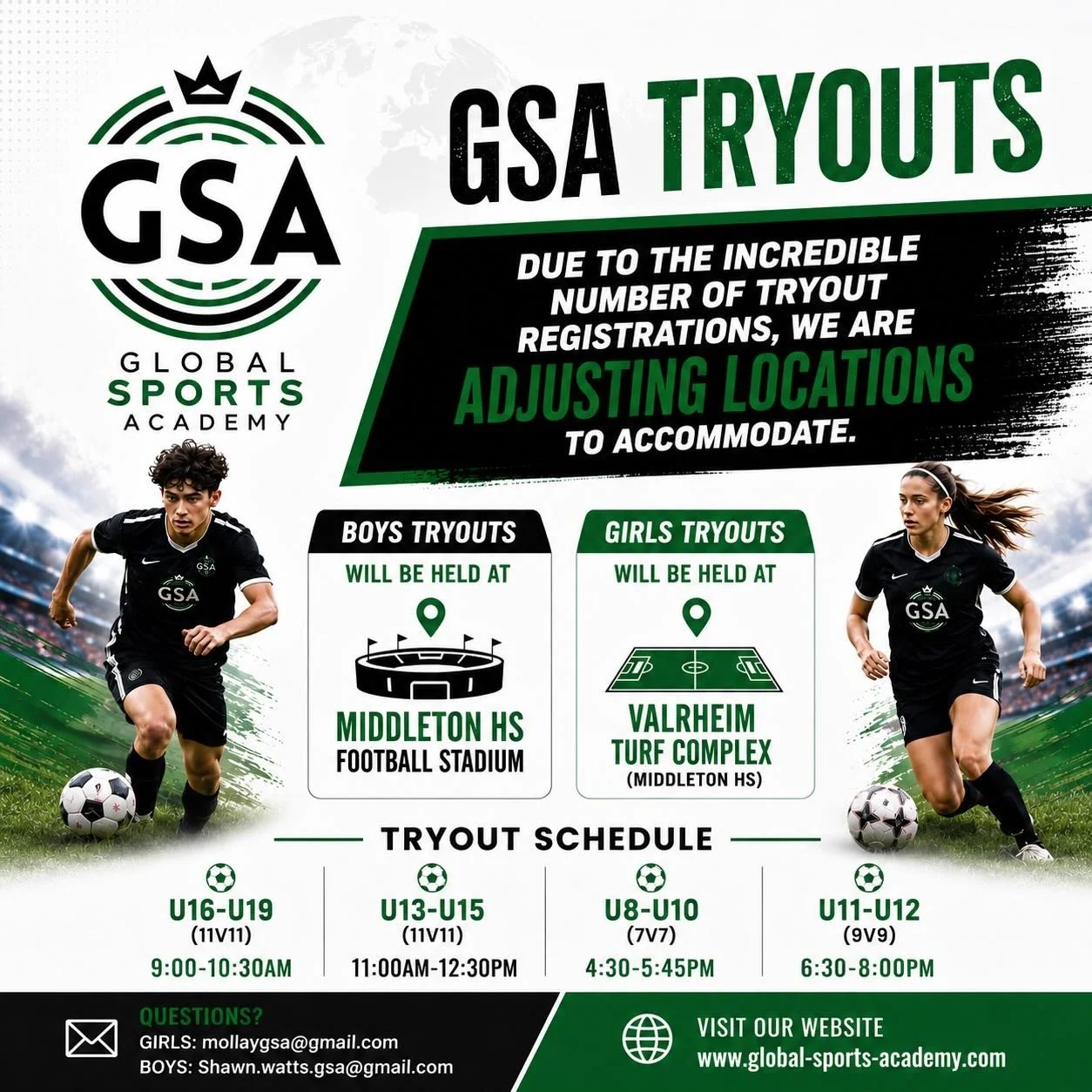 Register today for GSA TRYOUTS! GSA? GOOD DECISION!  June 8-9, 2026 at Middleton HS Football Stadium (boys), Valrheim Turf Complex Middleton HS (girls). www.global-sports-academy.com