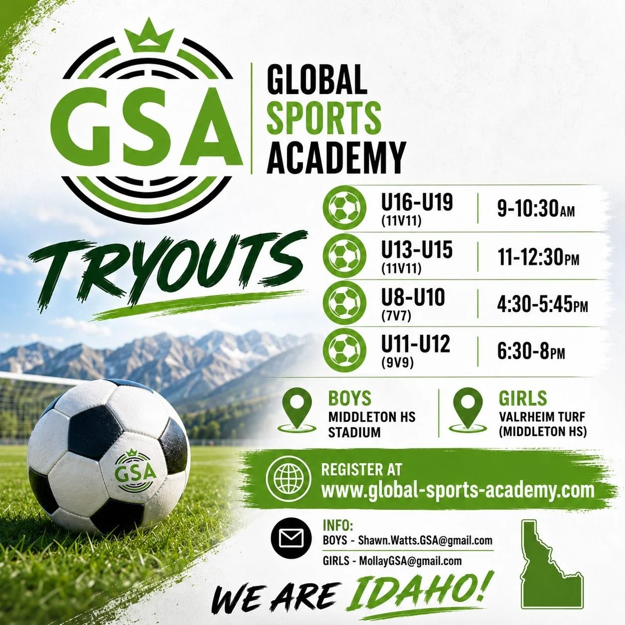 Treasure Valley Soccer Players and Families, there are lots of good options for kids to play soccer in Idaho. But there is only one GSA! People first. Excellence. Elite coaching. World class facilities.  See you on Monday!  Your GSA Future starts now