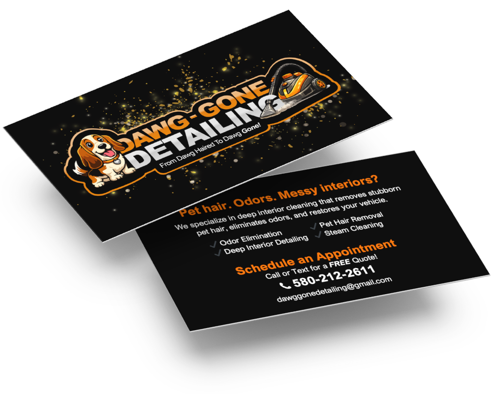 Business cards for a pet hair removal and deep interior cleaning service, featuring a dog cartoon, logo, and contact information.