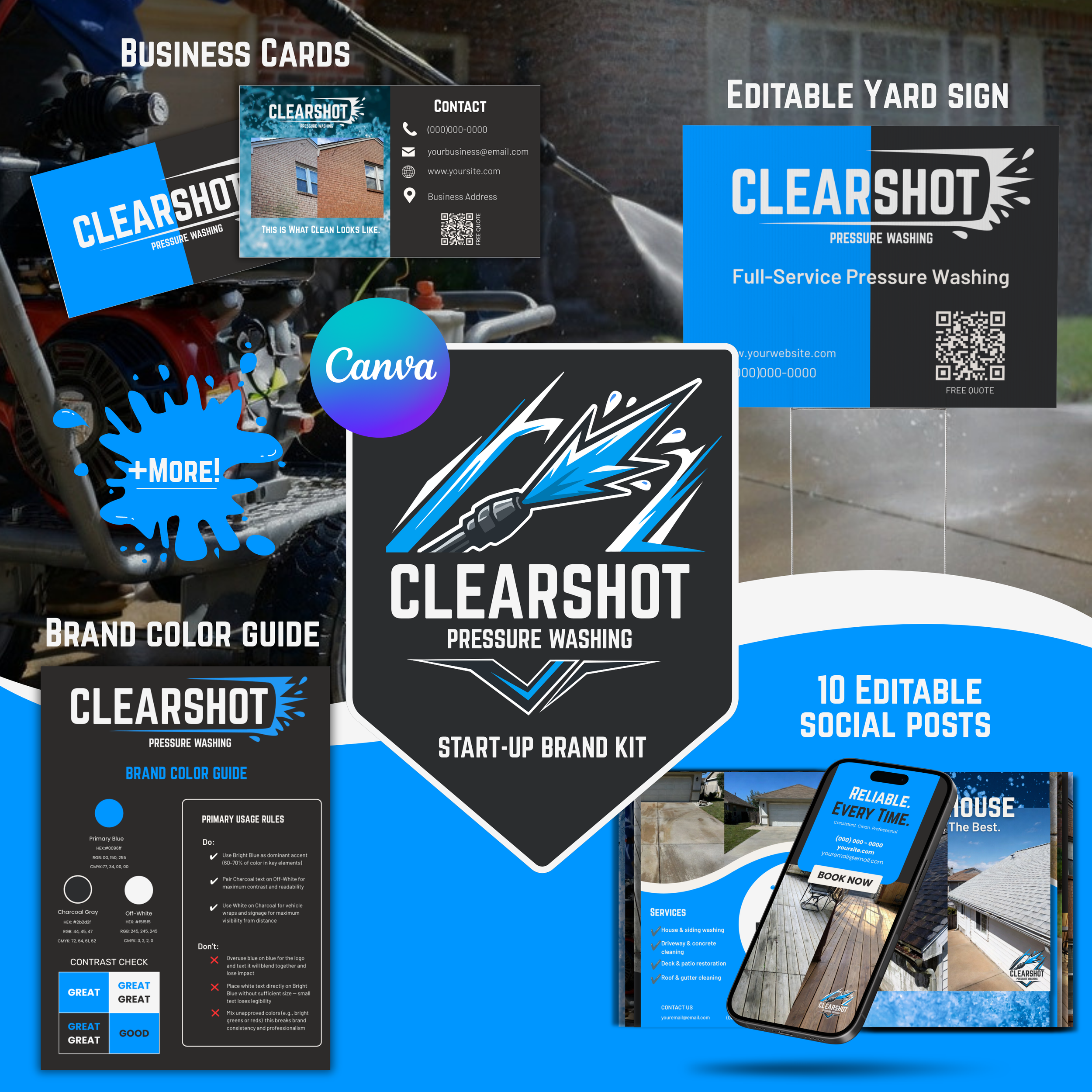 Collection of editable social media posts, business cards, and yard sign templates for ClearShot pressure washing with blue and black color scheme, featuring cleaning services and contact information.