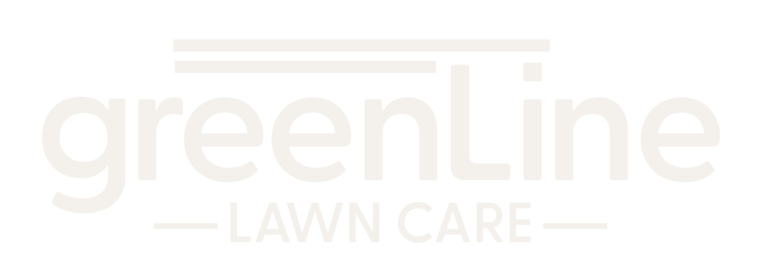 GreenLine Lawn Care logo with white text and lines on a black background