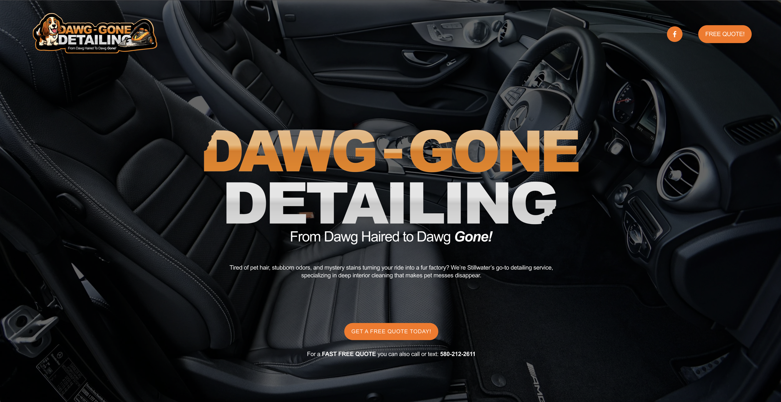 Interior of a luxury car showing black leather seats and dashboard, with promotional text overlaid for a detailing service company.