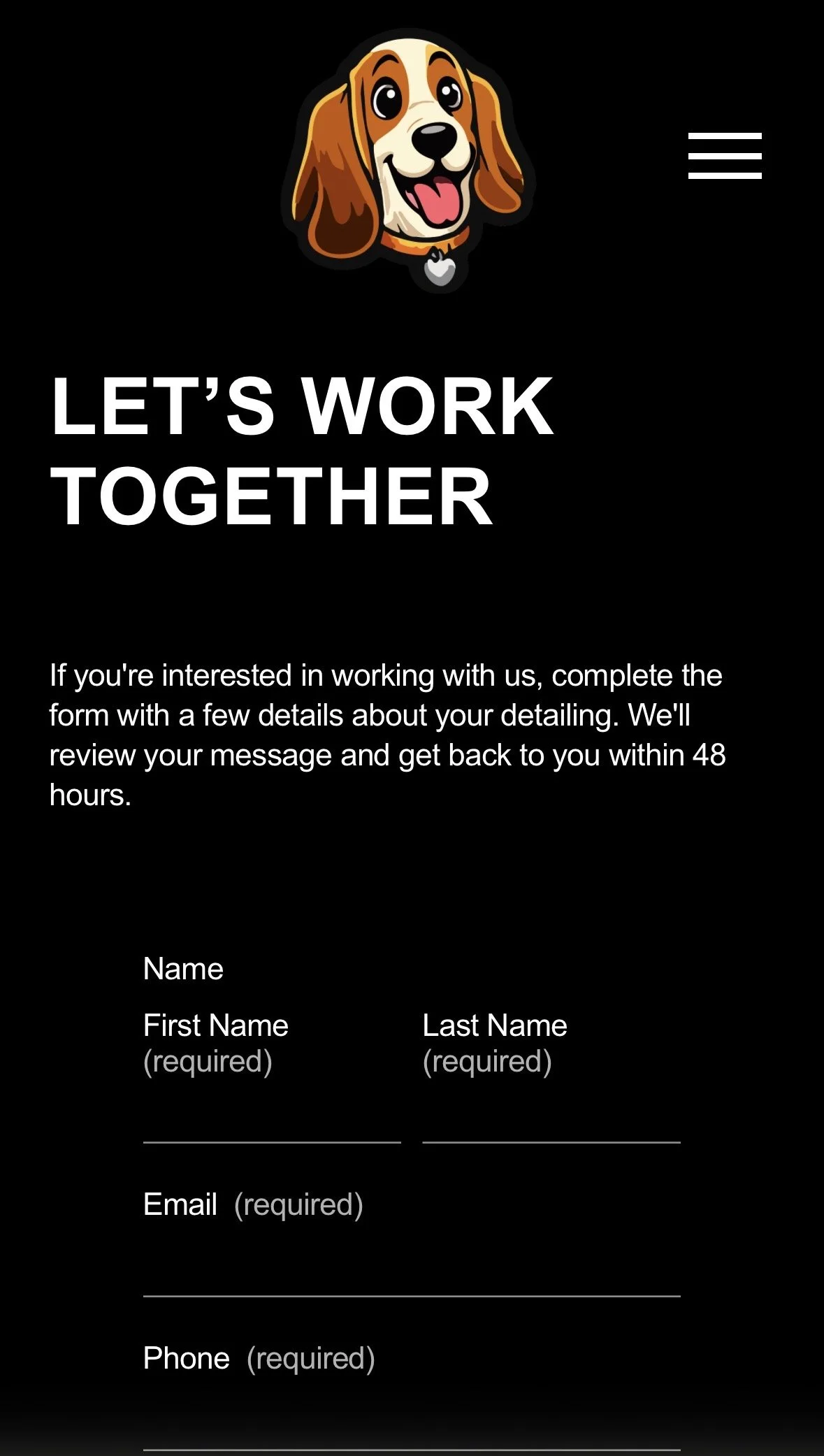 A website signup form featuring a cartoon dog mascot at the top, with a heading 'Let's Work Together,' and fields for first name, last name, email, and phone number. The background is black with white text.
