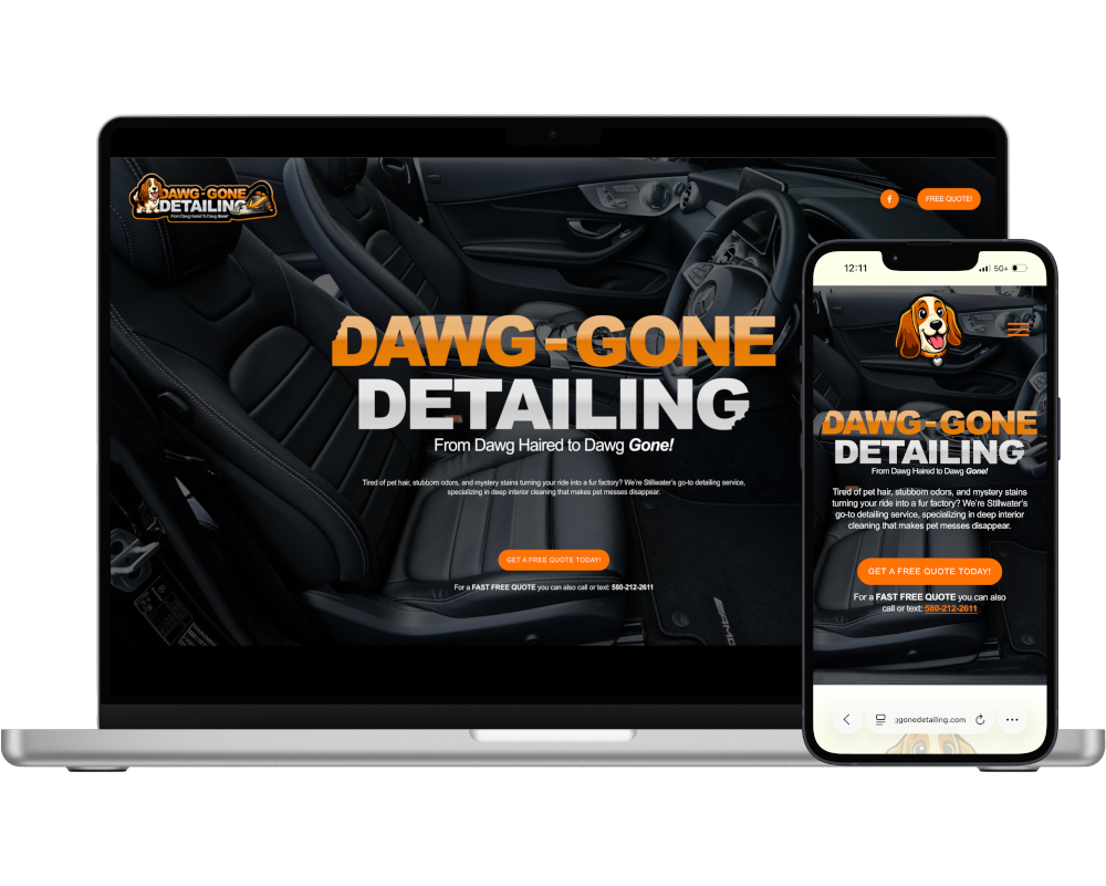 A laptop and smartphone displaying a website for Dawg-Gone Detailing, a car detailing service. The homepage features a close-up of a clean car interior, the business logo with a cartoon dog, and a call-to-action button to get a free quote.