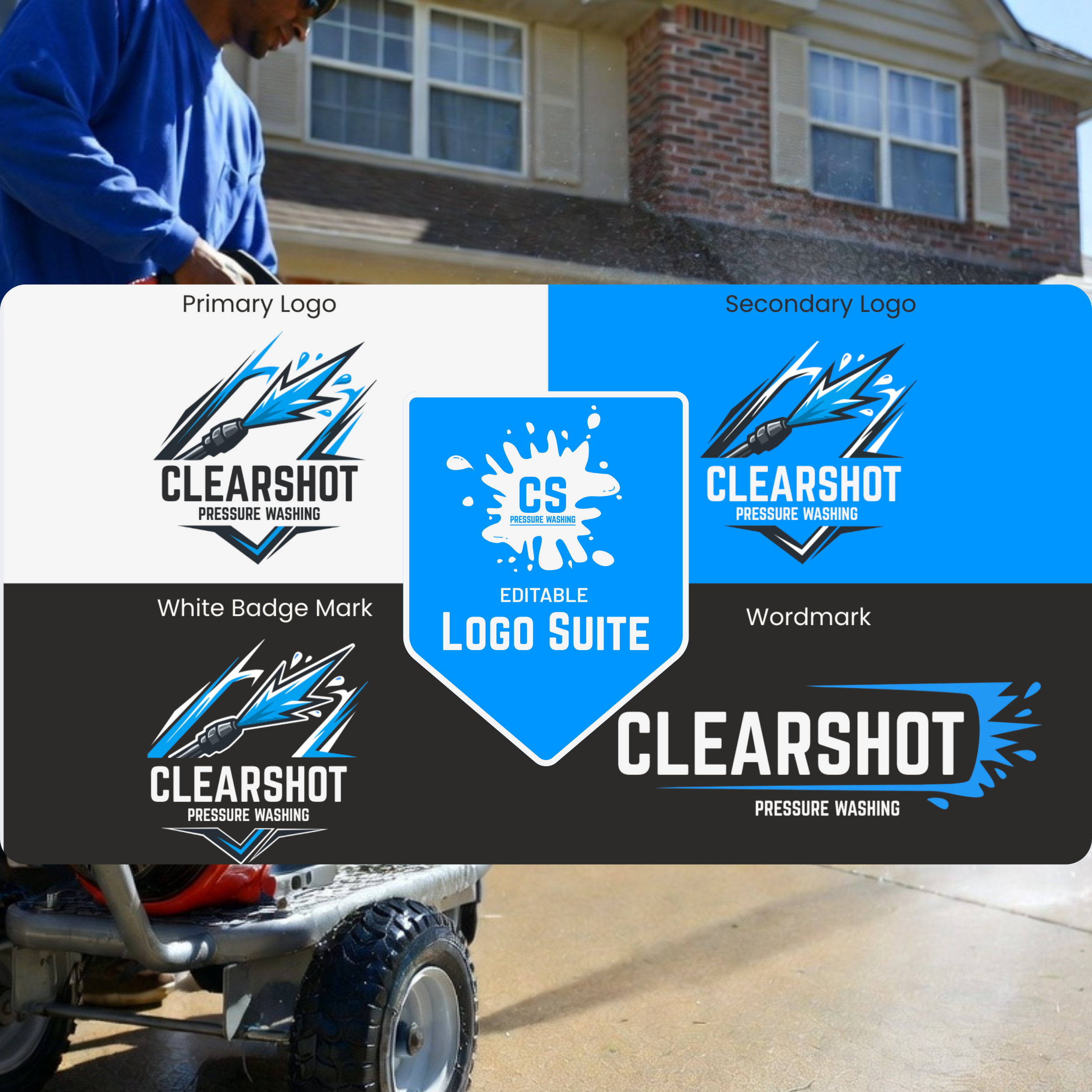 A person wearing a blue shirt pressure washing a house's exterior, with the house's windows, brick wall, and siding visible in the background.