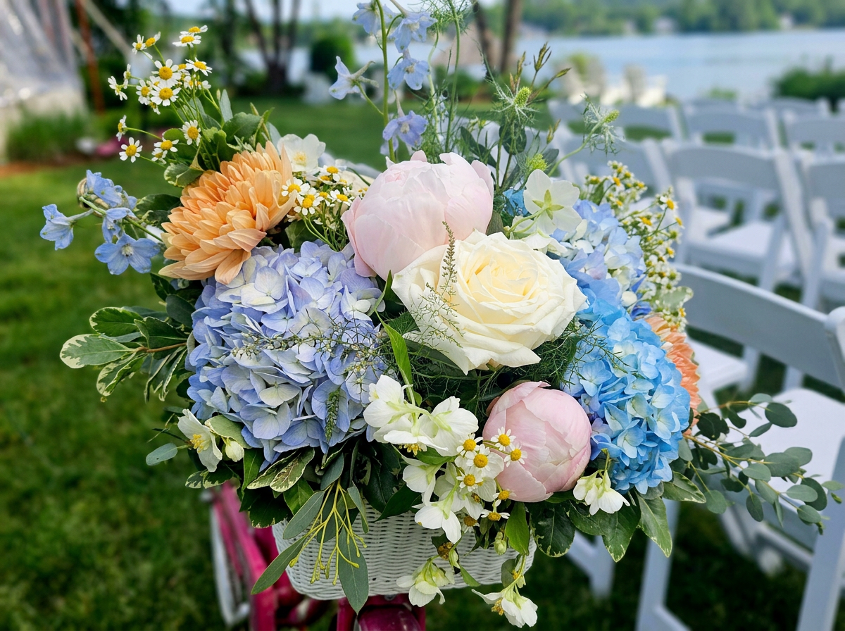 A colorful bouquet of flowers including pink peonies, white roses, peach dahlias, blue hydrangeas, daisies, and other greenery, set outdoors near white chairs and a lake or river in the background.