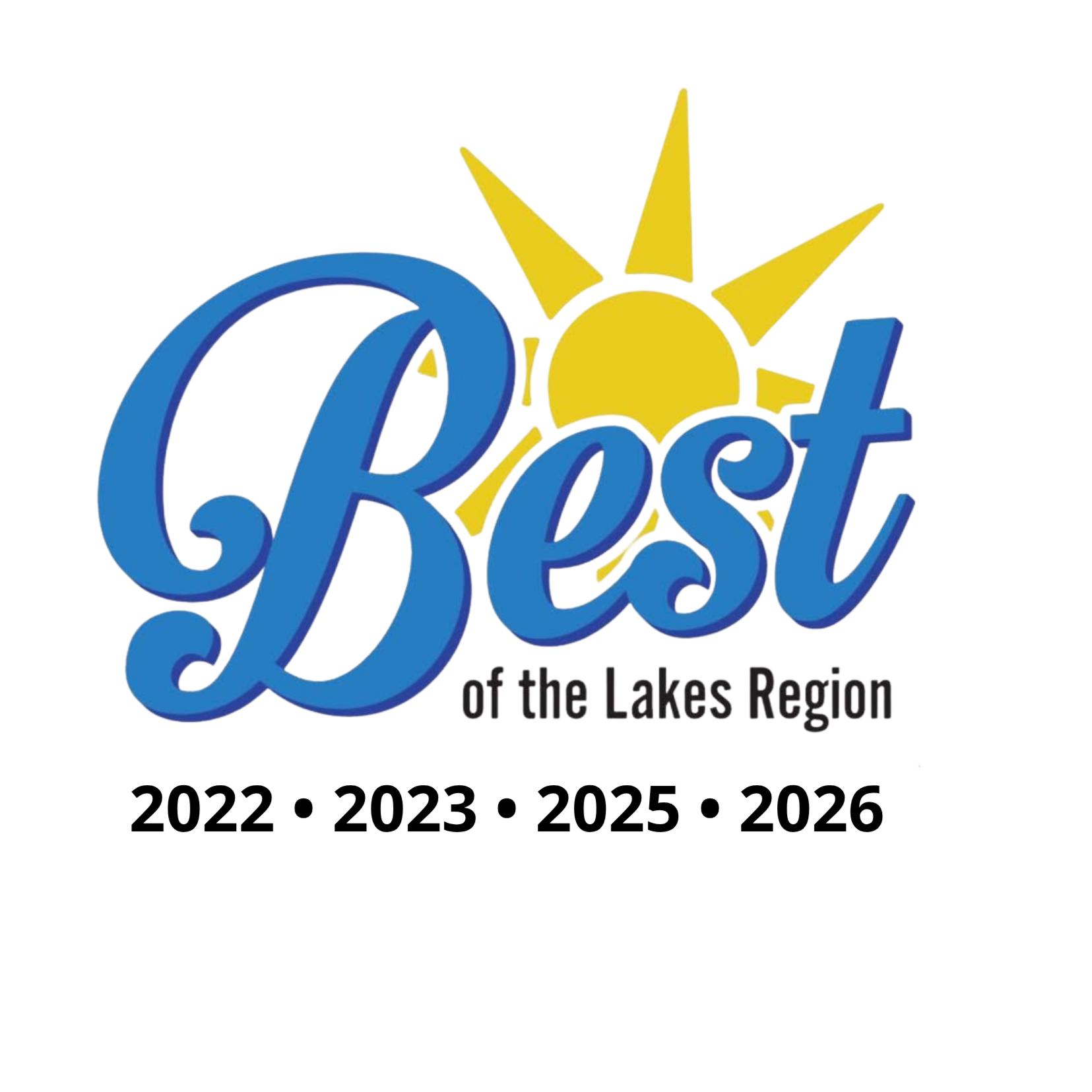 Logo for Boots of the Lakes Region, featuring a yellow sun with rays and blue cursive text