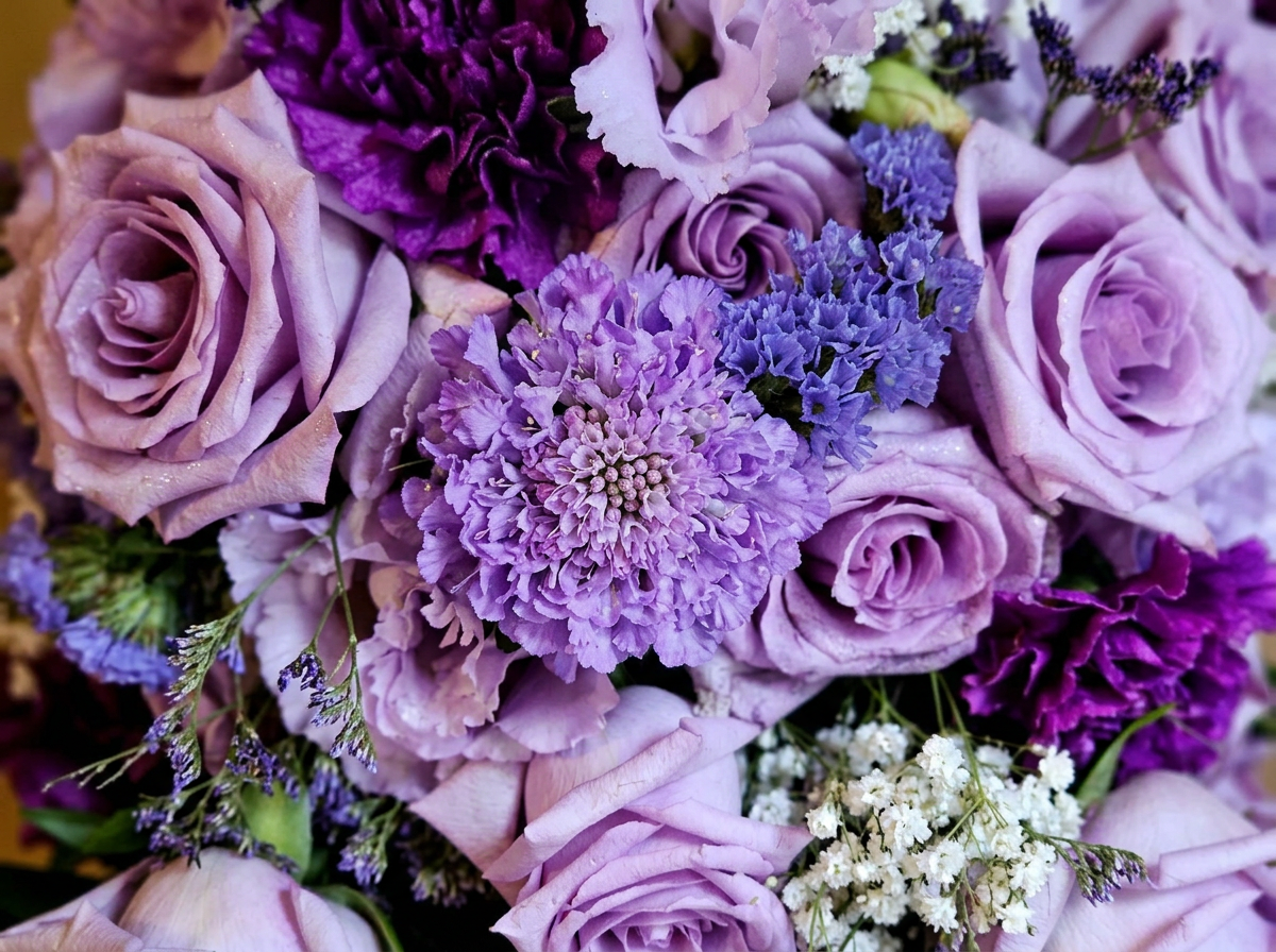 Close-up of a bouquet with purple roses, purple and lavender carnations, purple statice, and white baby's breath.