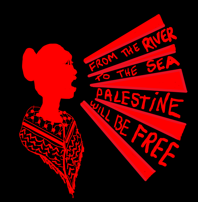 Red and black t-shirt design of a woman in a keffiyeh shouting, with banner text reading From the River to the Sea Palestine Will Be Free