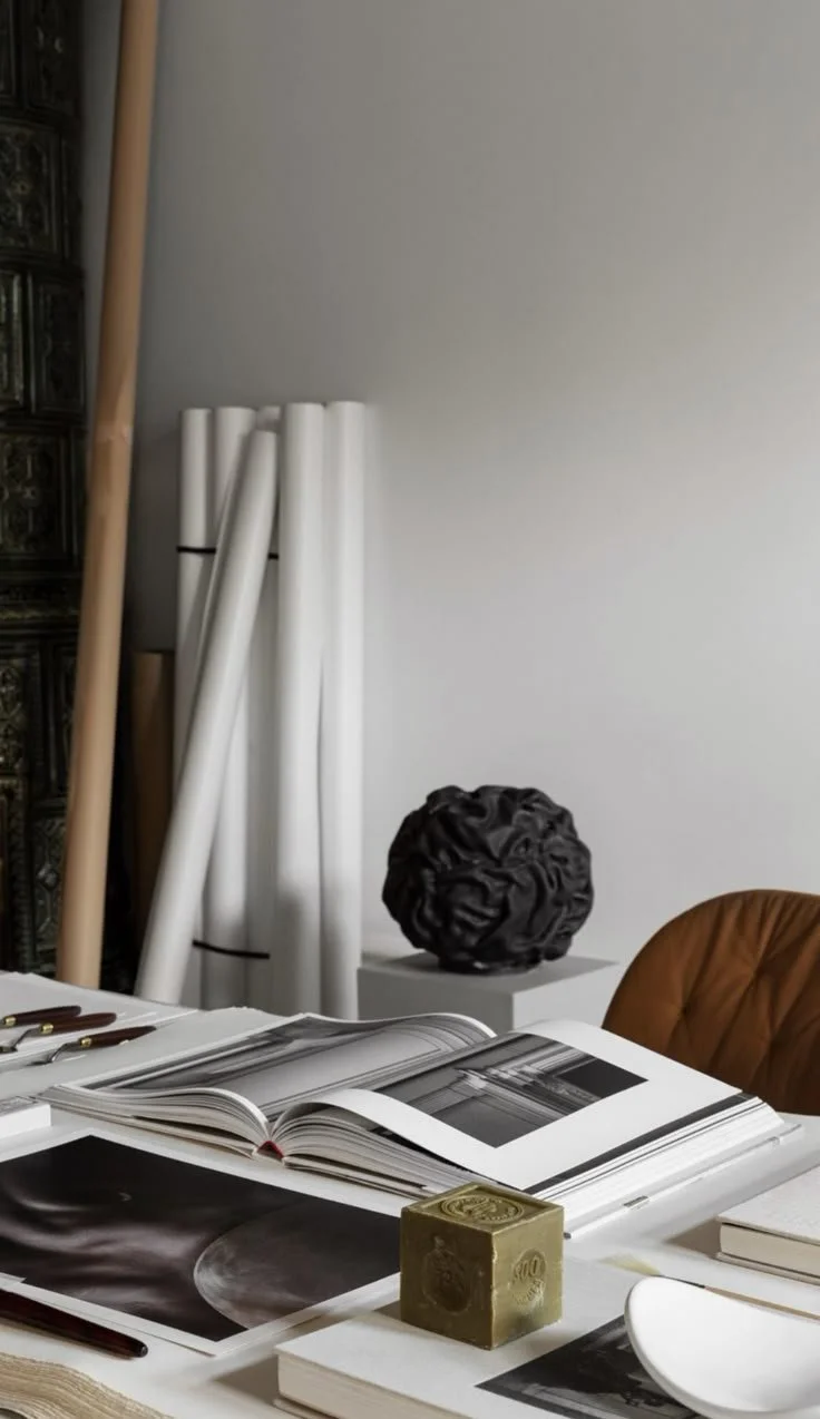 An interior workspace with a table, open books, photographs, a golden cube, and a brown chair, with white and black rolled materials and art sculpture in the background.