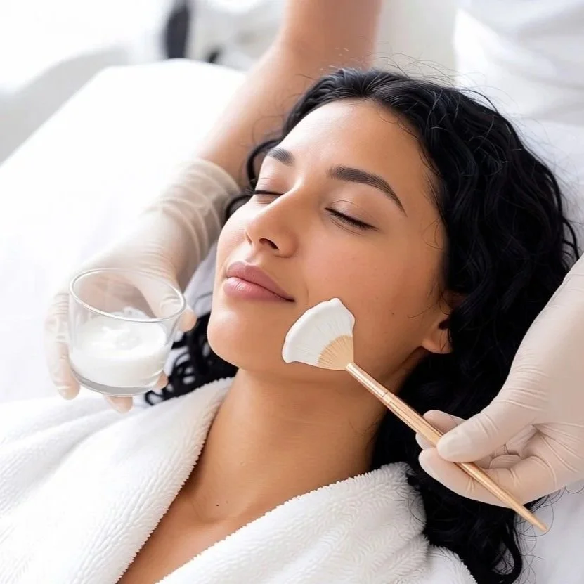 A woman is lying with her eyes closed, receiving a facial treatment involving a brush and a bowl of cream or mask during a skincare routine.
