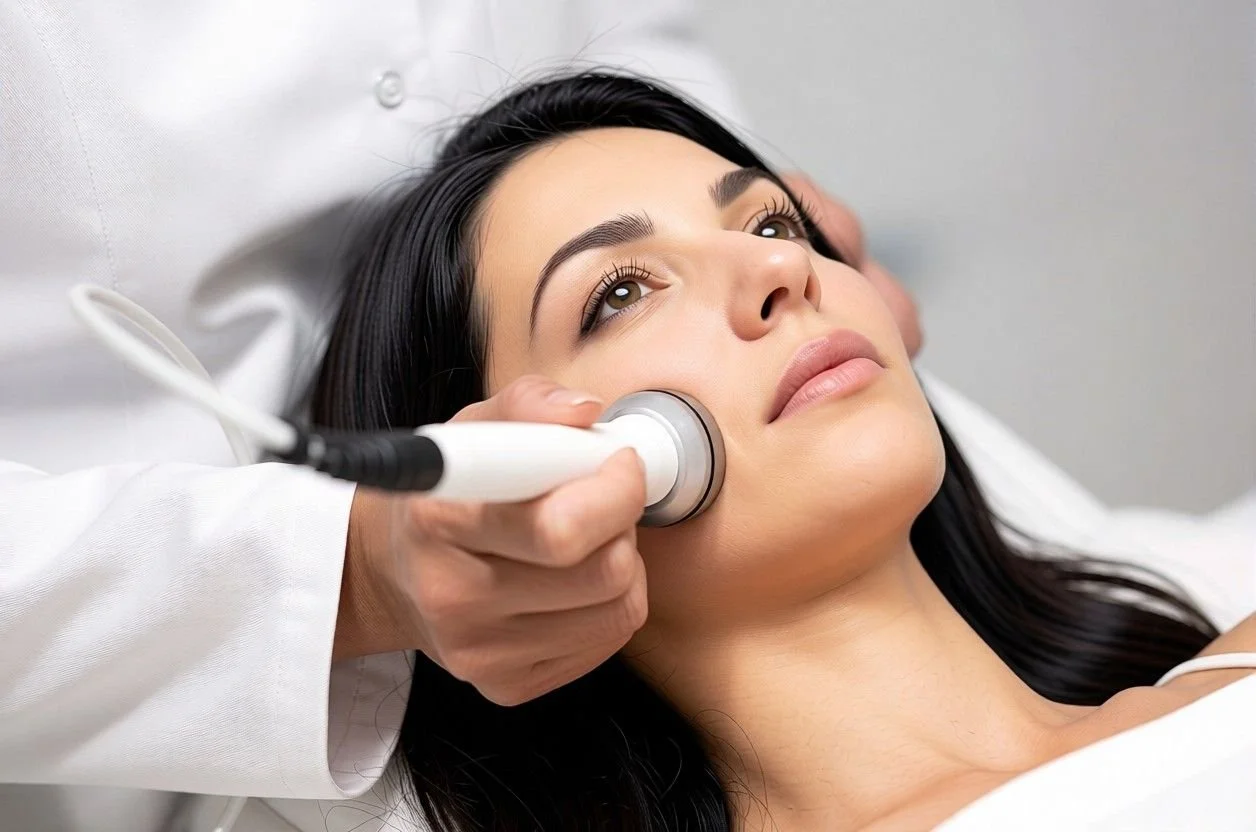 A woman lying down receiving a facial treatment with a handheld device on her cheek from a professional.