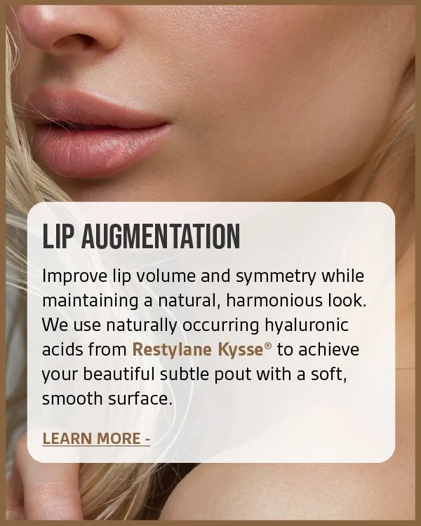 Close-up of a woman's lips and part of her face with an informational overlay about lip augmentation using hyaluronic acids and Restylane Kysse.