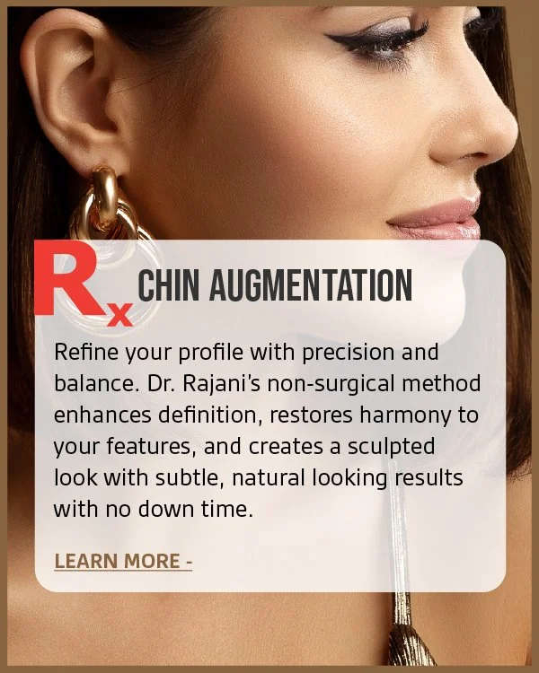 Close-up of a woman's face with makeup, gold earring, and showing a neck augmentation advertisement text overlay.