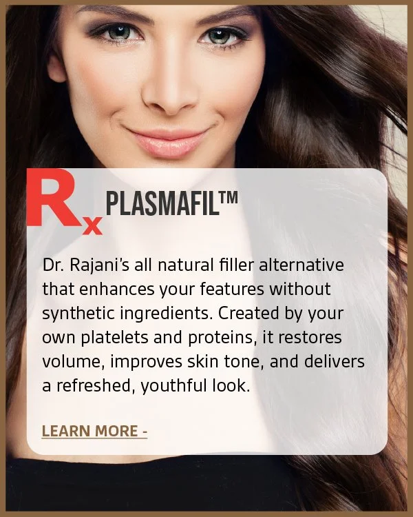 Close-up of a smiling woman with long brown hair, aiming to promote a cosmetic treatment called PlasmaFIL. Text overlay explains the treatment as a natural filler alternative created with the patient's own platelets and proteins, designed to improve skin tone and restore volume for a youthful appearance.