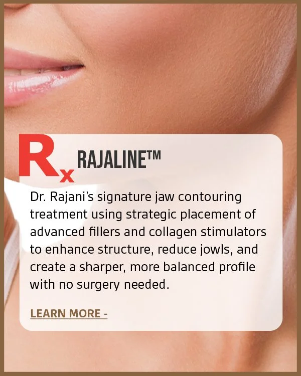 Close-up of a person's lower face with a promotional text about Rajaline jaw contouring treatment.