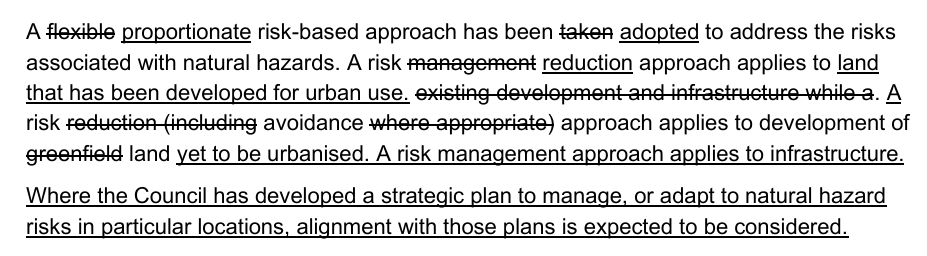 An excerpt from the Natural Hazards section of PC120, showing changes by striking through and underlining text from the Unitary Plan