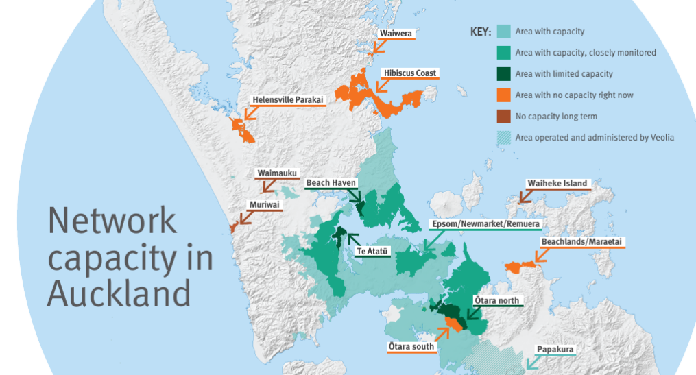 Watercare's map of Auckland showing (in green) areas where there is wastewater capacity and areas where capacity is limited, showing capacity (or capacity closely monitored) across the central isthmus. Areas with limited capacity are shown in orange.