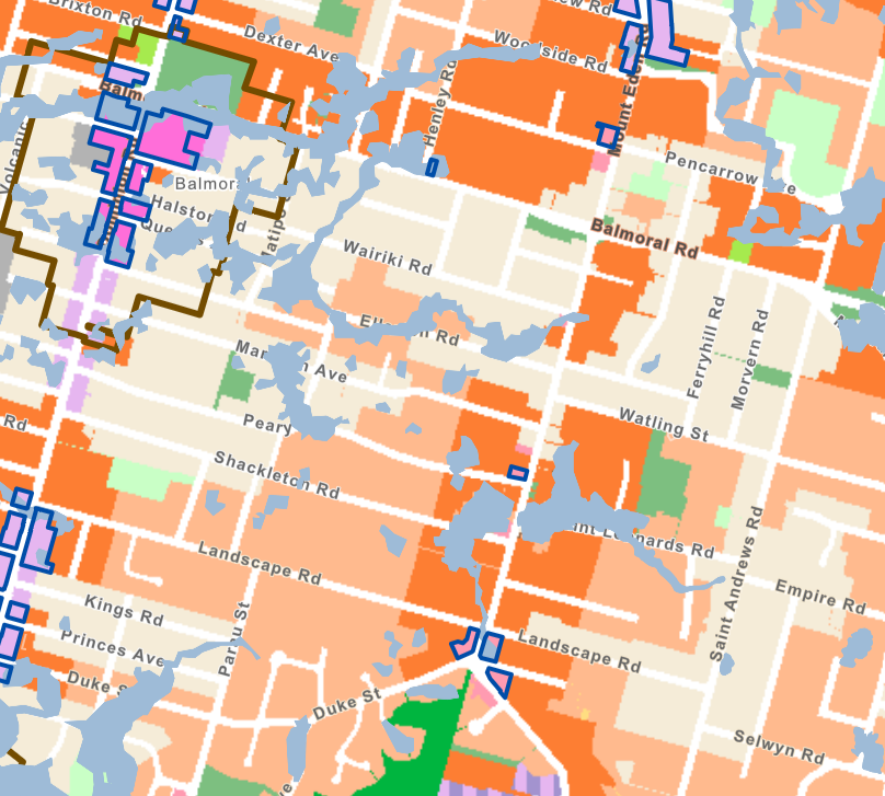 Balmoral/Mt Eden shown in the PC120 map viewer, with blue blobs showing flood risk in the Natural Hazards overlay