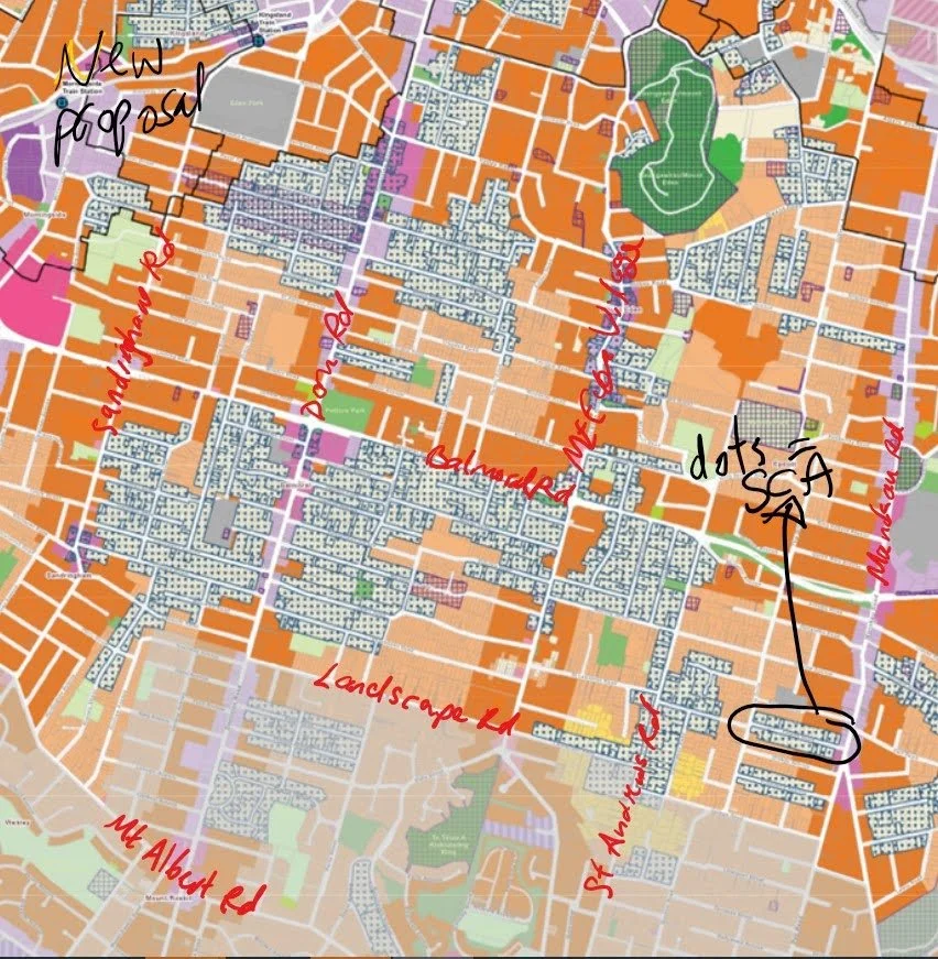 A screenshot from the draft Replacement Plan Change maps, showing zoning and overlays, with handwritten annotations