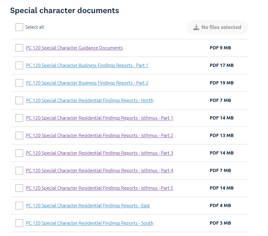 Screenshot of council's PC120 page, showing the section with special character documents