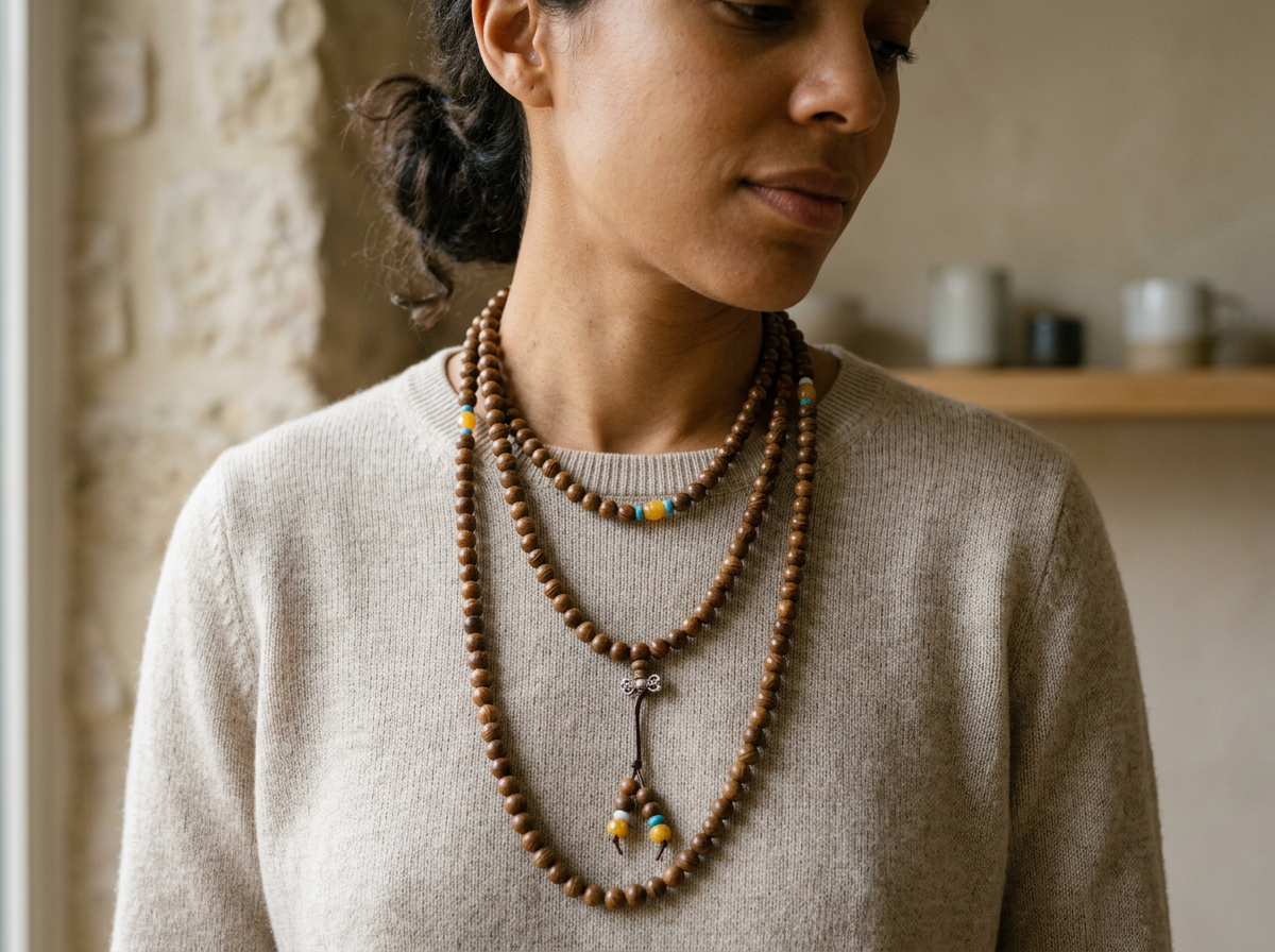 Natural Wood & Agate Long Mala Necklace – Meditation & Style Jewelry
