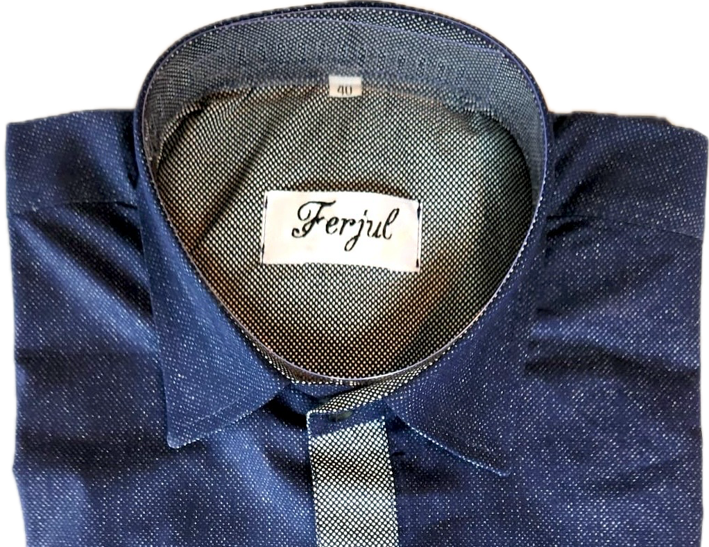 Ferjul Men's Dress Shirt, Blue with Grey Stripes, Regular Fit, Long Sleeve, French Cuffs