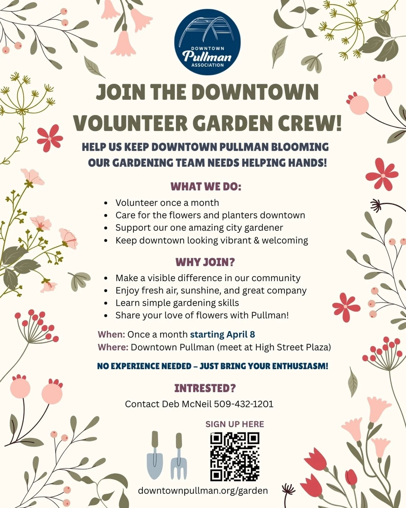 🌷🌱Love flowers? Enjoy being outside? Join the Downtown Garden Crew! 

Help us keep Downtown Pullman blooming while spending time outdoors with a great group of volunteers!

Our Garden Crew is led by the amazing Deb McNeil, who guides volunteers and