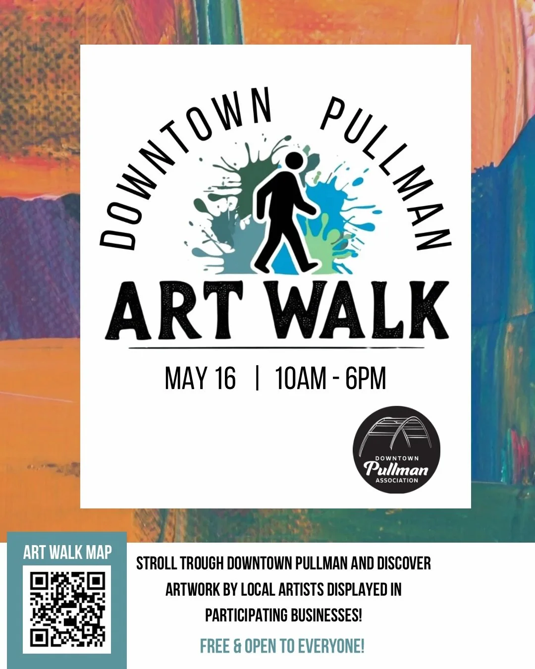 🎨 Downtown Pullman ArtWalk 🎨

Join us on Saturday, May 16, from 10 AM to 6 PM for the second annual Downtown Pullman ArtWalk!

Spend the day strolling through downtown businesses as they host talented local artists representing a wide range of styl