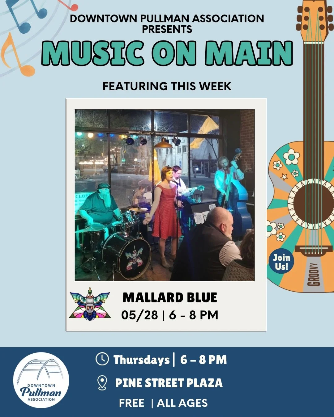 🎶 Music on Main is back, now under the leadership of the Downtown Pullman Association!

Join us this Thursday as we kick off the 2026 Music on Main season with Mallard Blue! 💙

🎤Mallard Blue&rsquo;s base music is Bossa Nova, built on with American