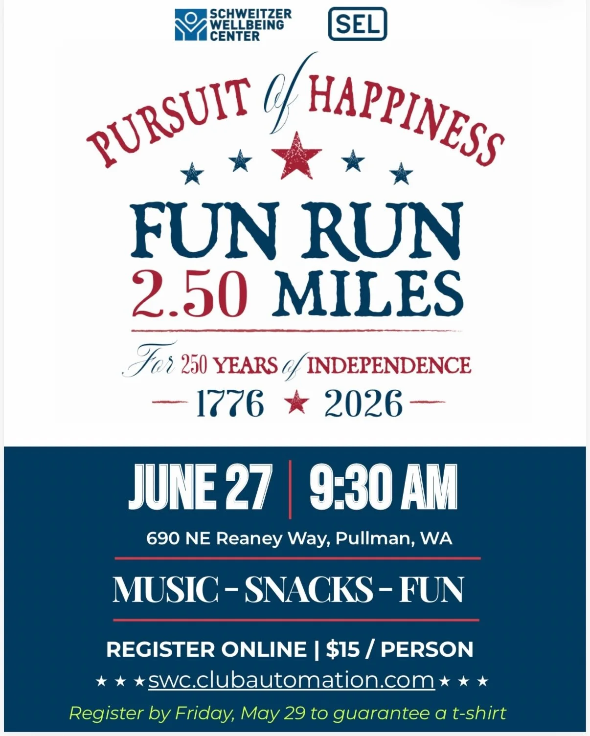 🇺🇸🏃&zwj;♀️ Celebrate community, movement, and 250 years of American independence at the Pursuit of Happiness Fun Run hosted by the Schweitzer Wellbeing Center &amp; SEL!

🗓️ Saturday, June 27 📍 Reaney Park 🕗 Check-in: 8:00&ndash;9:30am 🏃 Fun R