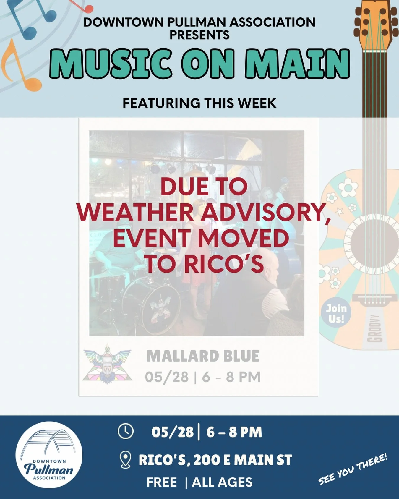 ‼️🎶 Due to the weather advisory, tonight&rsquo;s Music on Main featuring Mallard Blue has been moved indoors to Rico&rsquo;s!‼️

Join us from 6&ndash;8 PM for a fun evening of live music, good vibes, food, and drinks! 

📍 Rico&rsquo;s Public House
