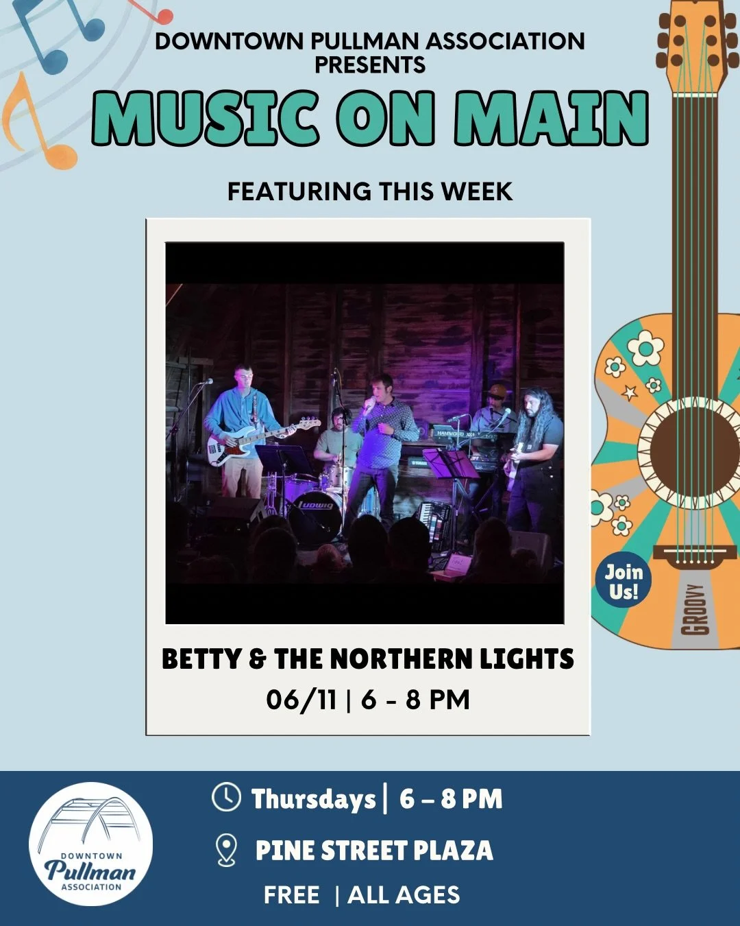 🎙️🎶 Join us this Thursday, June 11, from 6&ndash;8 PM as Betty &amp; the Northern Lights take the Music on Main stage!

🎤 Betty &amp; the Northern Lights is a five-piece band from Moscow, Idaho, blending classic rock with &rsquo;80s and &rsquo;90s