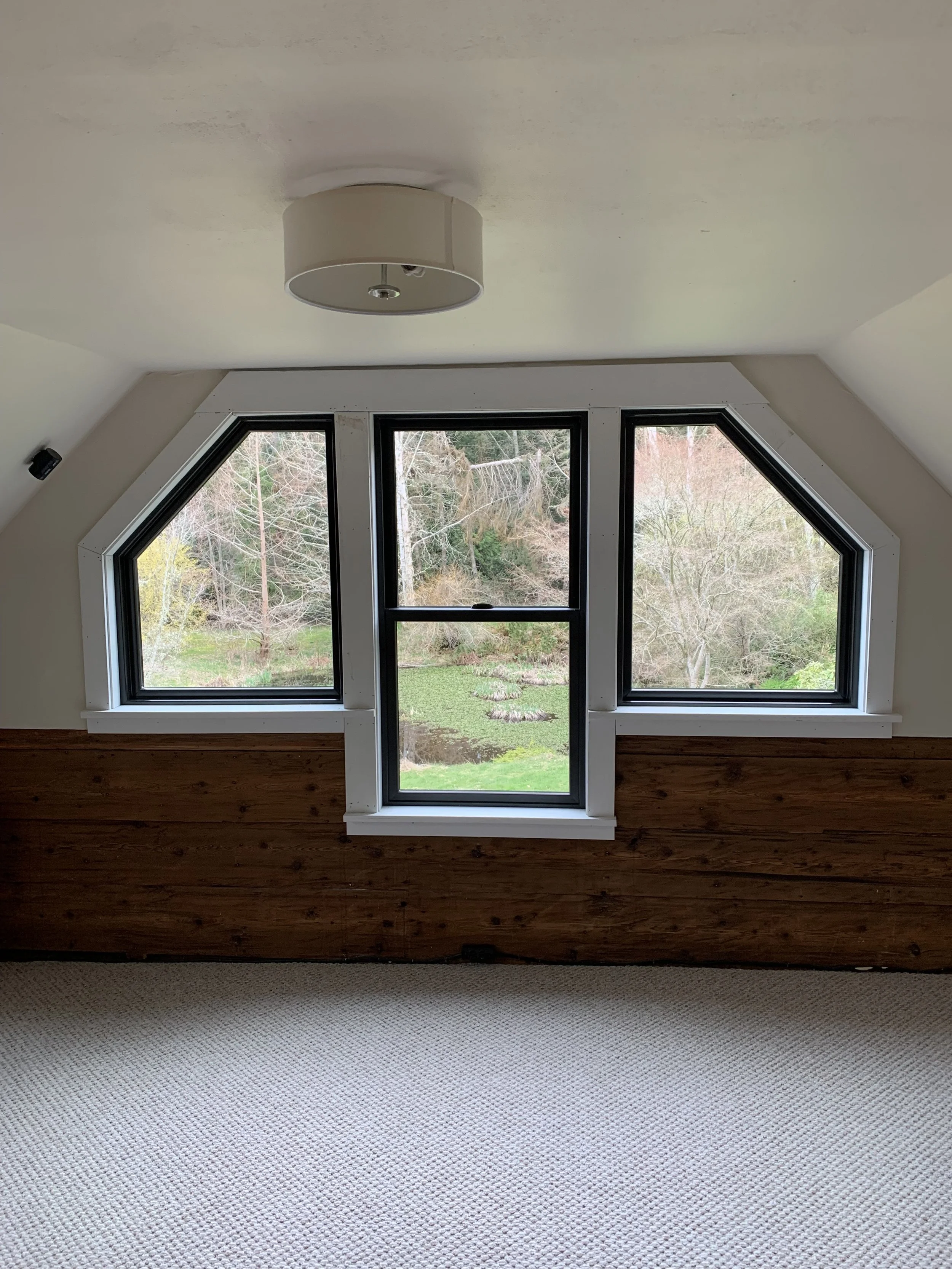 Room with a large angular window overlooking a wooded backyard, white walls, a ceiling light fixture, and a beige carpeted floor.