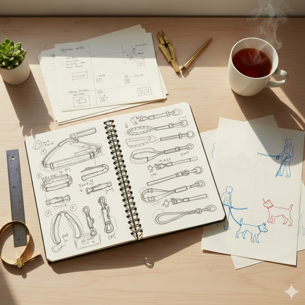 Multiple prototype iterations of a dog walking lead system focused on safety and ergonomic design