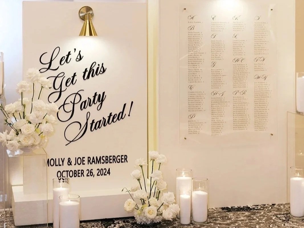 Emerald Gardenia wedding seating chart decorated with white roses and candles.