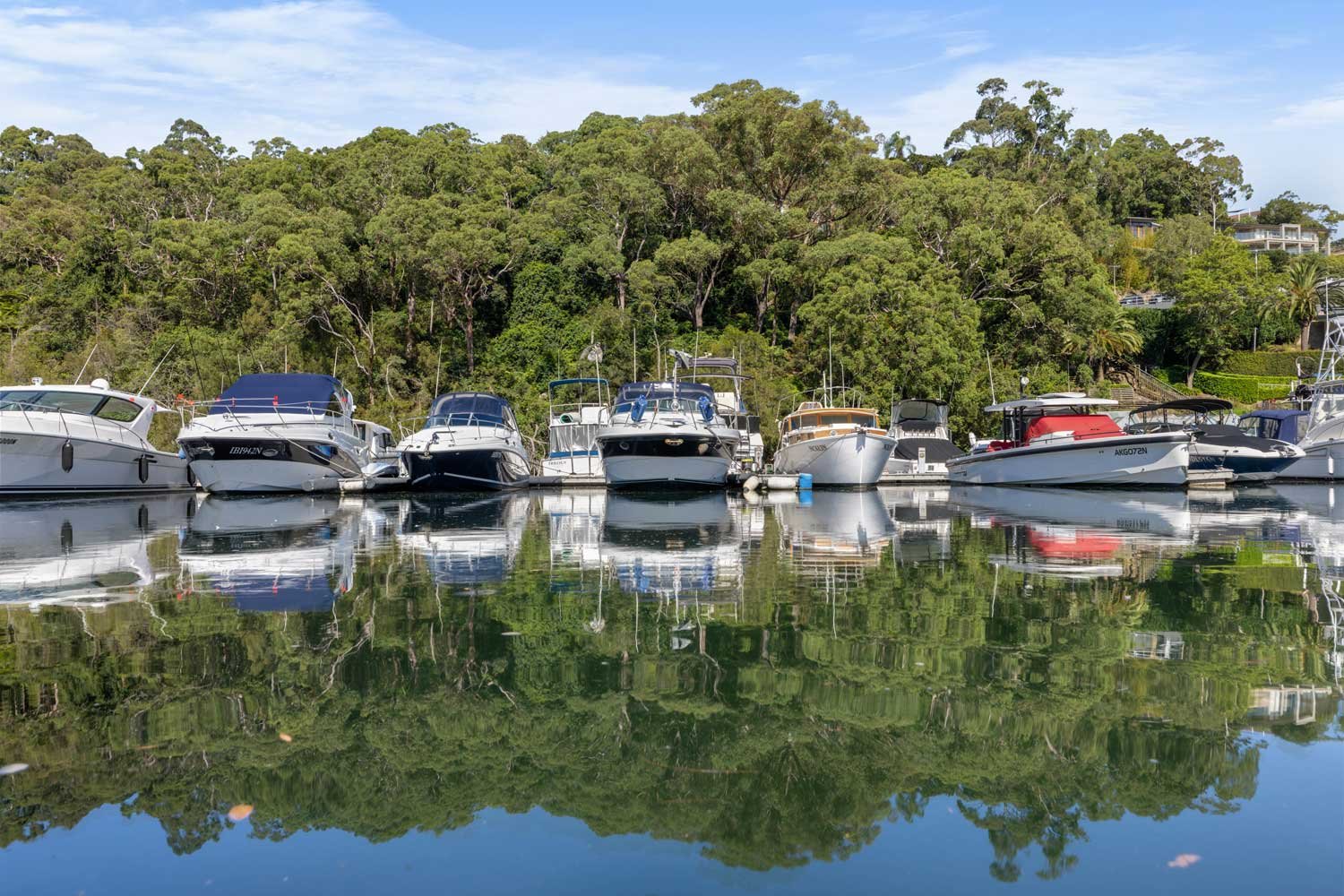 Boats docked at a the Roseville Marina with a forested hillside in the background, reflected in calm water.