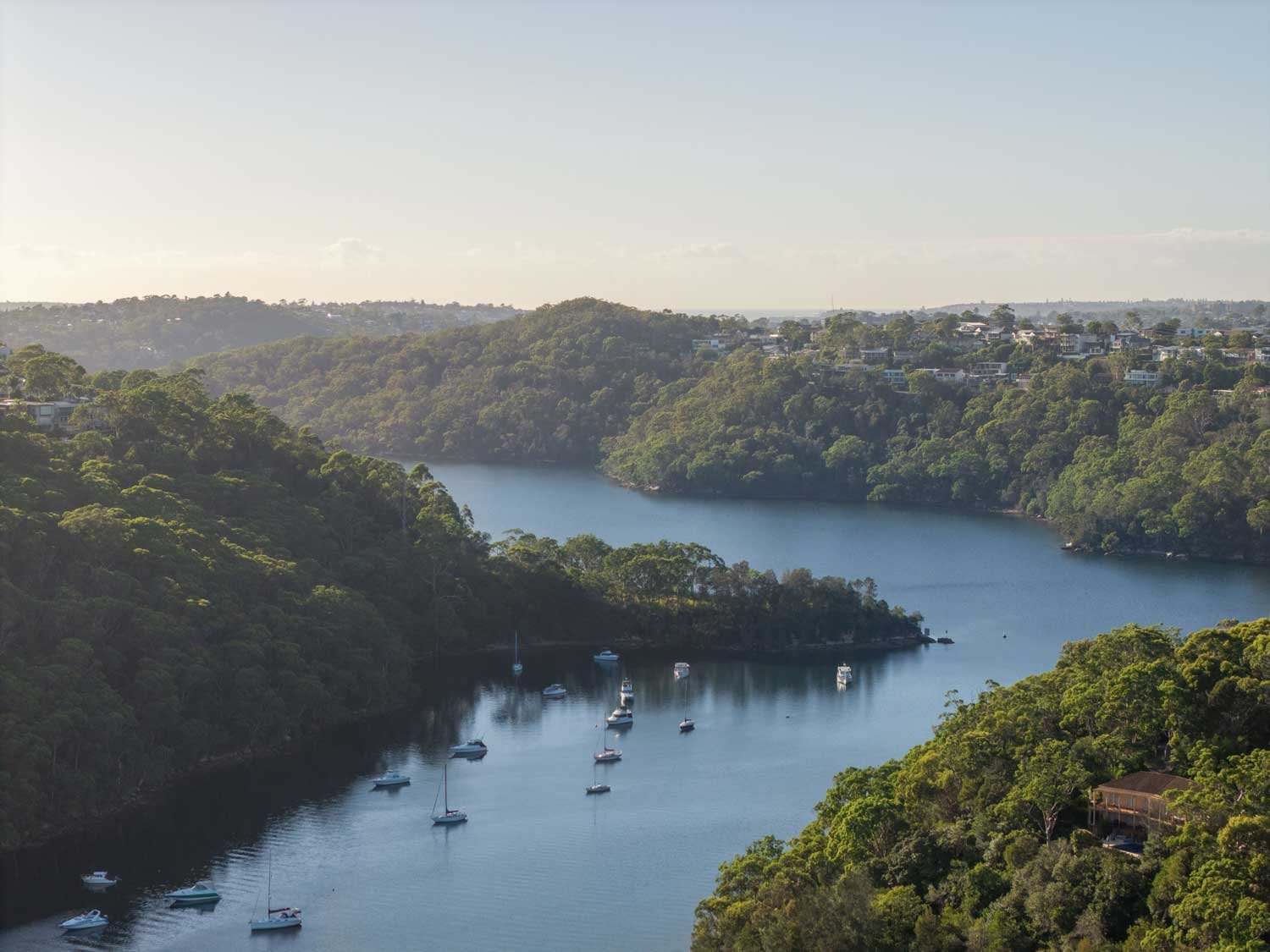 Aerial view of a scenic river surrounded by lush green forests and residential houses; multiple boats anchored in the calm water.