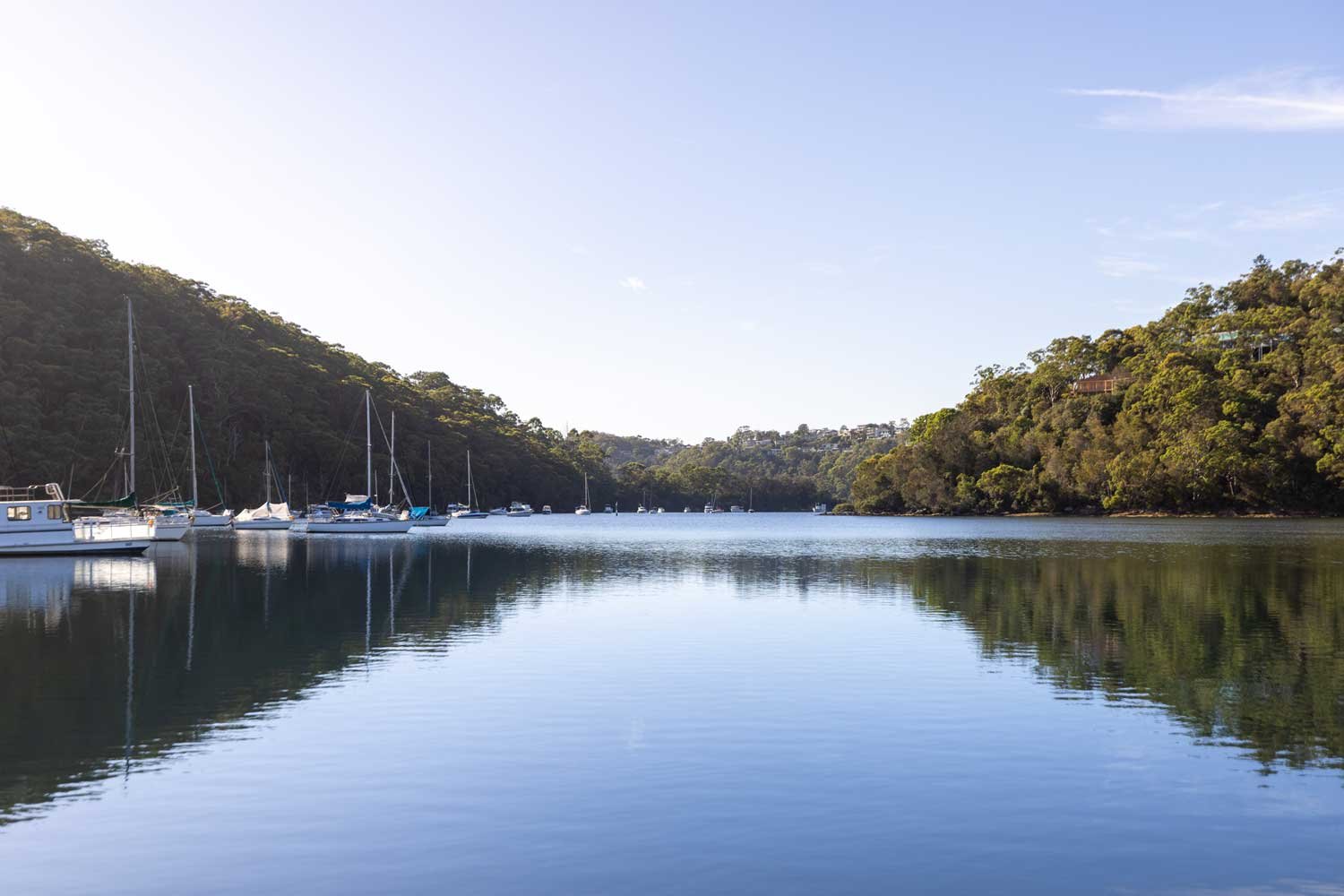 Serene river with sailboats and forested hills under a clear blue sky.