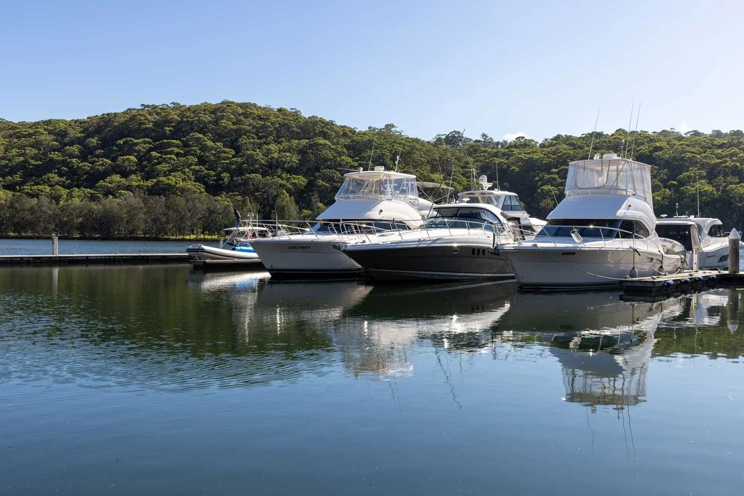 Boats docked at a marina with a forested hillside in the background.