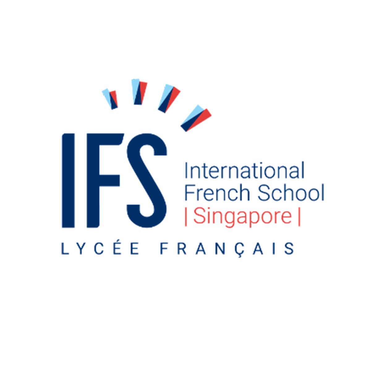 Logo of the International French School Singapore, featuring blue and red text with small decorative elements above."