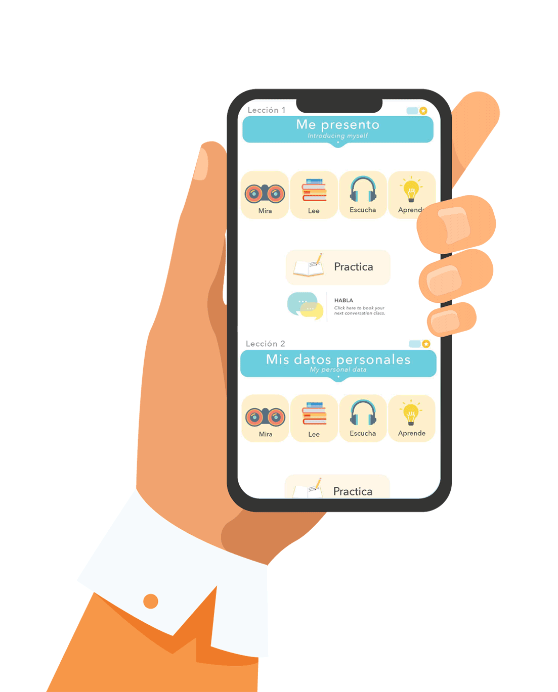 Illustration of a hand holding a smartphone displaying a language learning app interface with sections "Lección 1: Me presento" and "Lección 2: Mis datos personales." The screen shows icons for different learning activities like "Mira," "Lee," "Escucha," and "Aprende," as well as options for practice and conversation classes.