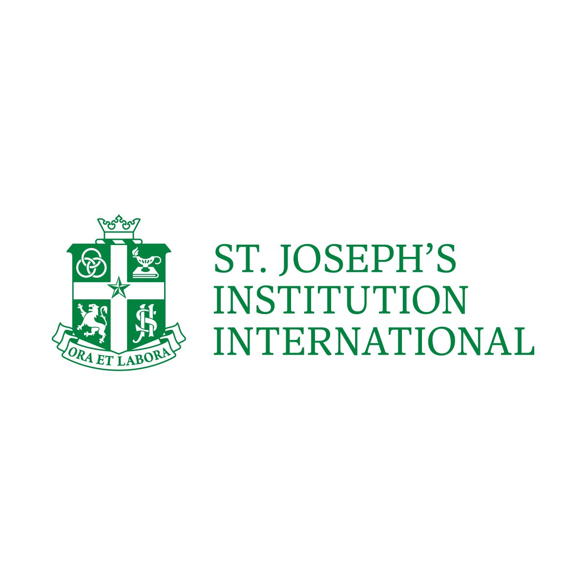 Logo of St. Joseph's Institution International featuring a green crest with symbols and the motto 'Ora et Labora.'