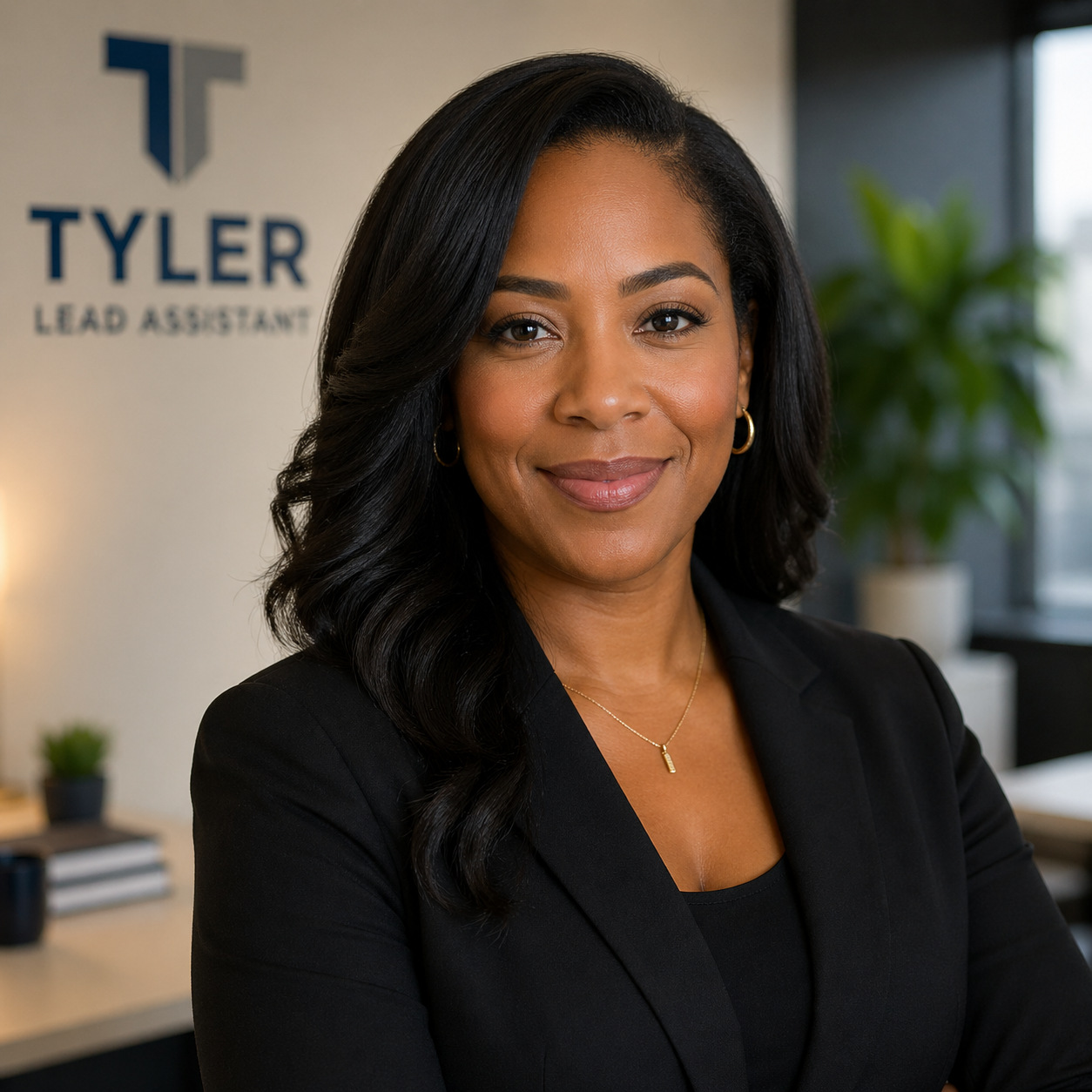 African American woman with long black hair smiling with brown eyes and a nude color lip color with a small gold chain around her neck, black suit jacket and black camisole underneath.