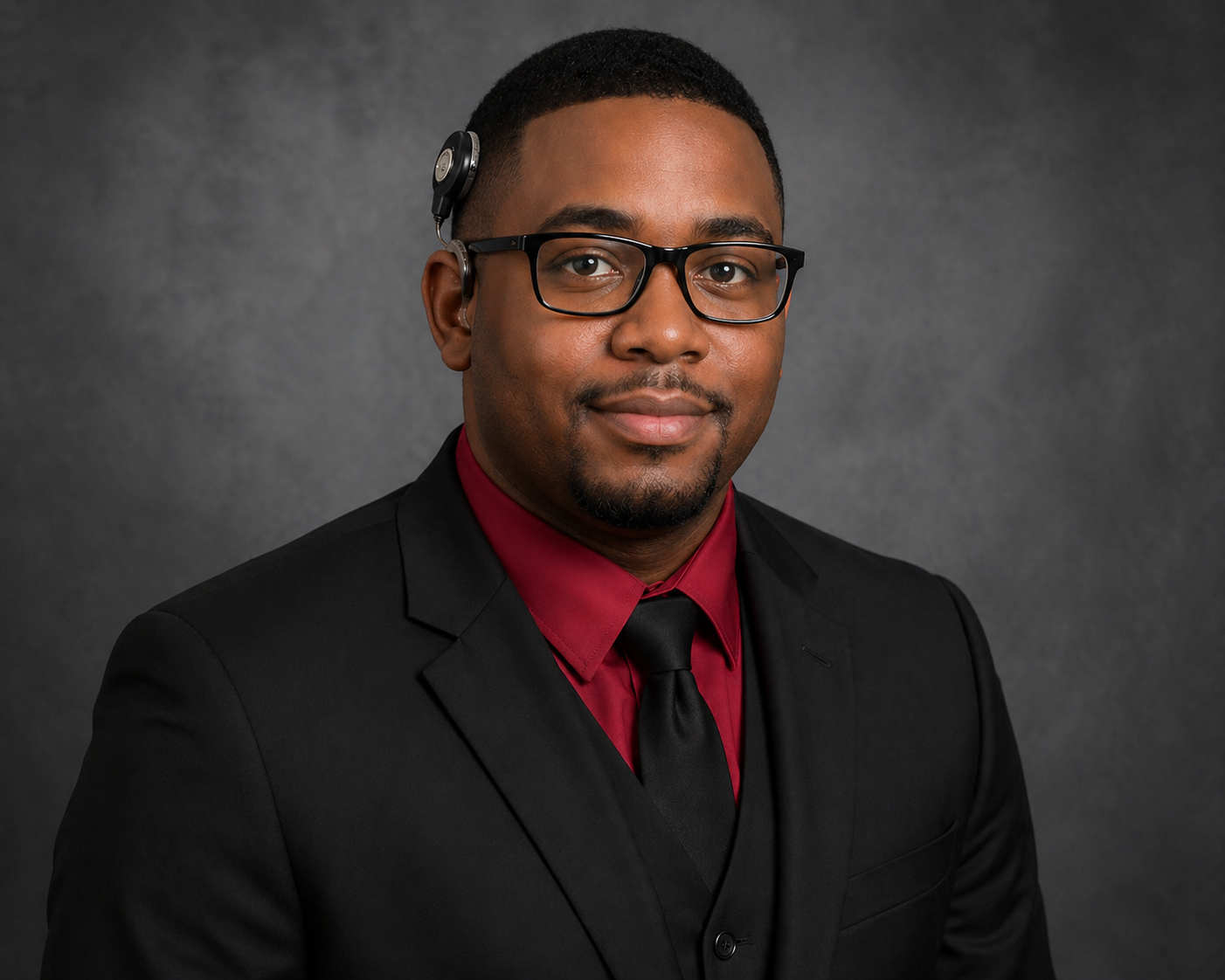 Man smiling, wearing a black suit and red shirt with black tie and has a cochlear implant on left side of head.